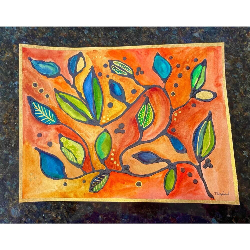Hand painted watercolor original painting stained glass leaves